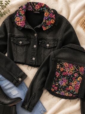Handmade Western Boho Cropped Denim Jacket XS S